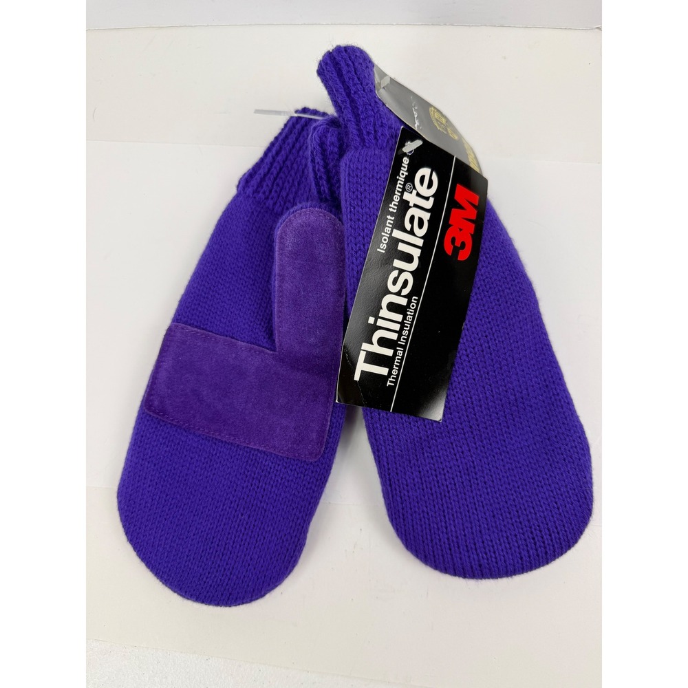 Vintage Hansen Purple Knit Mittens 3M Thinsulate Suede Palm Ladies New